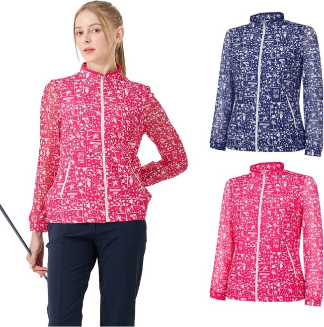 KXG 여성 여름 골프웨어 프린트 메쉬 점퍼 집업