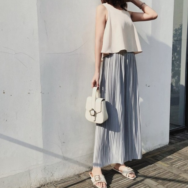 보브온 허리밴딩 고무줄 주름통바지 체형커버 와일드 플리츠팬츠