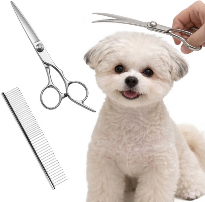멍식이네 홈 반려동물 강아지 고양이 미용 일자가위+커브가위(하)+브러쉬 3종 세트, 1세트, 실버