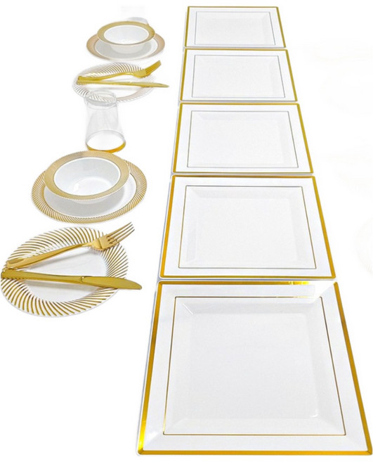 플라스틱 일회용 골드라인 사각접시 26cm 고급 일회용접시 행사 파티 식기, 1개, 6개입