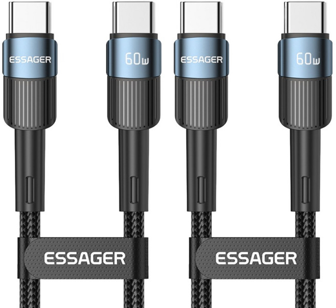 Essager 말랑이 탄성 단선 방지 메탈 100W C to C타입 고속 충전 케이블 2개입, 2m, 블루, 60W, 2개