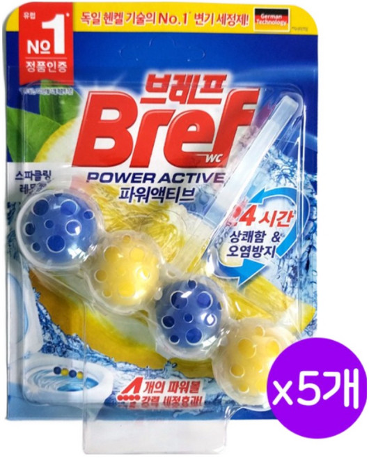 브레프 파워액티브 변기세정제 스파클링레몬, 5개
