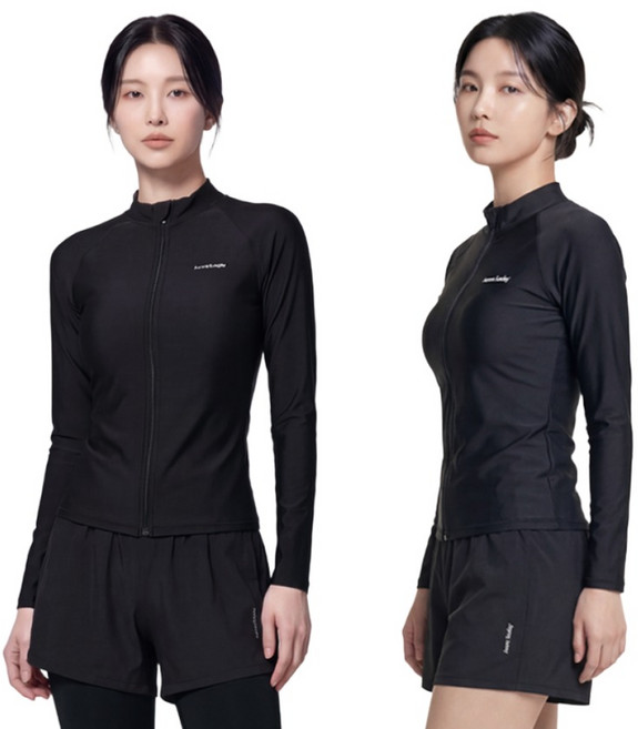 오로라선데이 여성 올블랙 집업 래쉬가드 5종 세트 체형커버 수영복, L