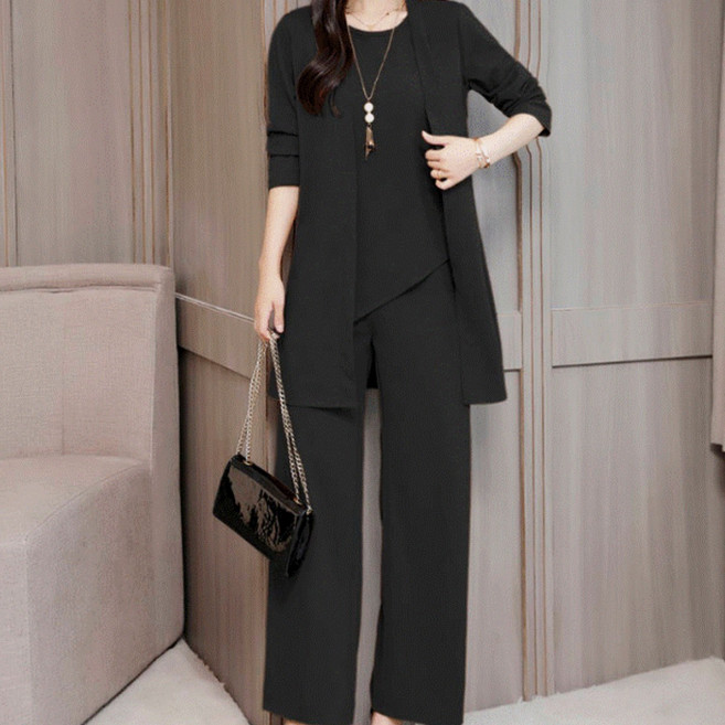 TIMEPURE 트렌디한 고급스러운 분위기의 빅사이즈 여성용 봄가을 세트 슬림 실루엣 긴팔 와이드 팬츠 3종 세트