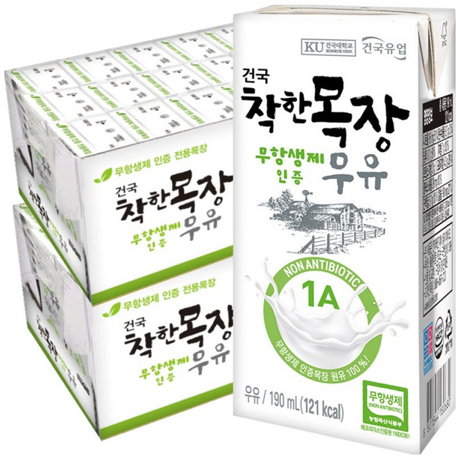 건국유업 착한목장 무항생제 멸균우유, 190ml, 48개
