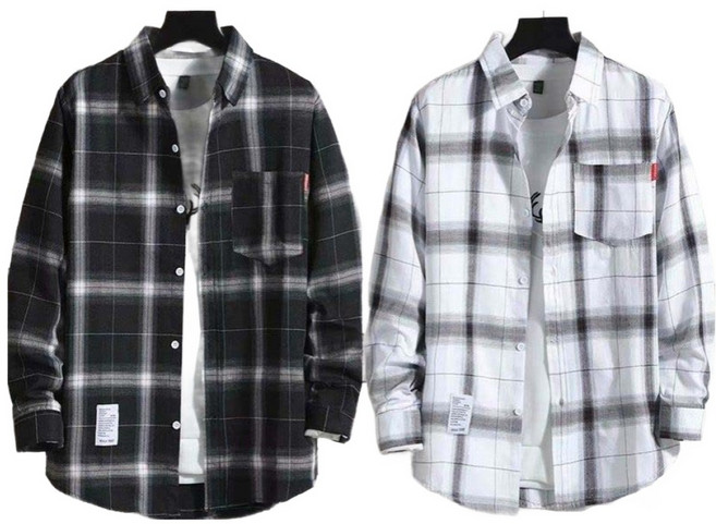 1+1 남성용 긴팔 셔츠 빅사이즈 루즈핏 남자 체크 셔츠 봄 여름 캐주얼 남자 얇은 남방 2매입 CJJ