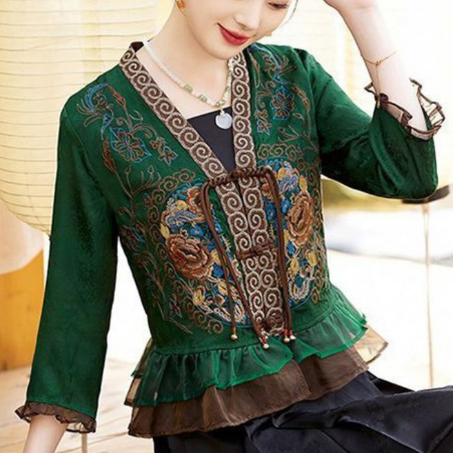 ORZQU 여름 여자 봄 가을 프릴 패치 아우터 버튼 자수 칠부 소매 개량한복