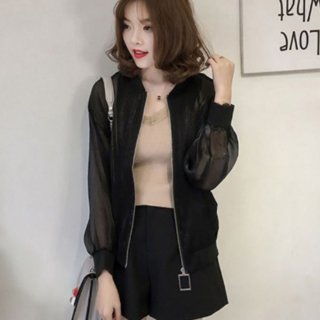 ROYALBELLE 여성 시스루 망사 긴팔 자켓 스팽글 집업 자외선 차단 점퍼 캐주얼룩 K061505