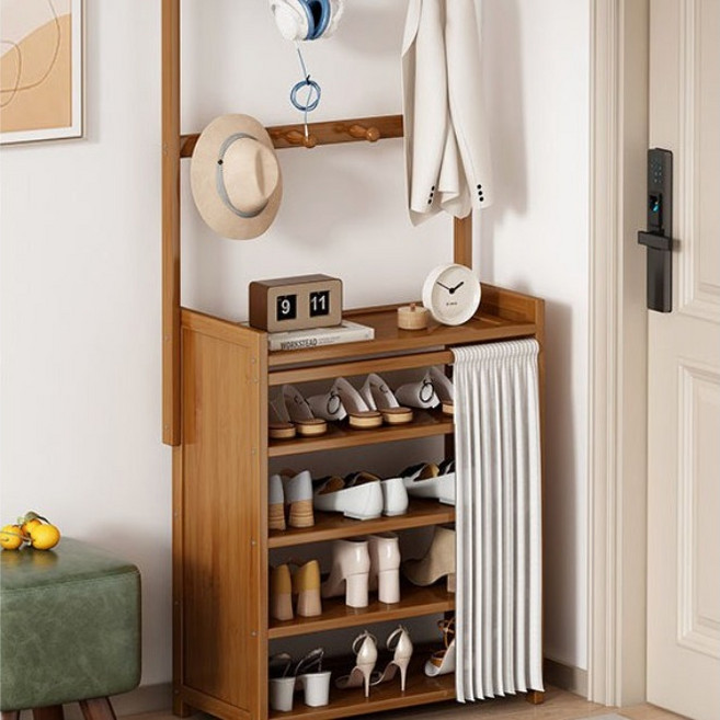 슬림 신발장 현관 신발 수납장 커튼형 행거 옷걸이 정리대, 5단, 목색