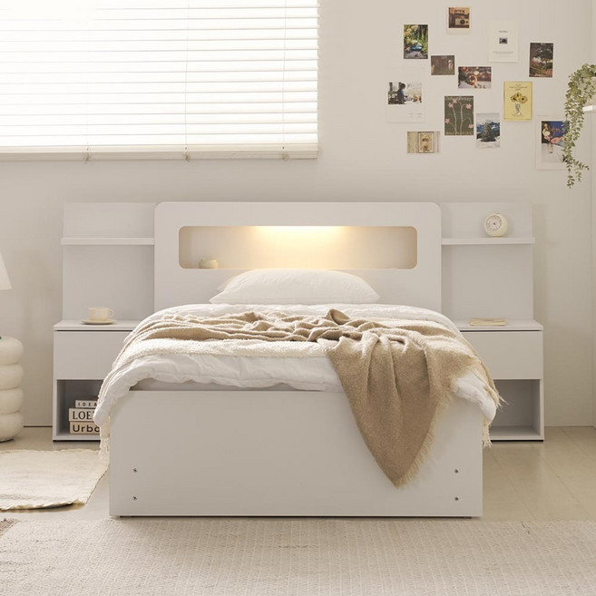 상일리베가구 세렌 리프트업 LED 수납 침대 프레임 SS, 화이트
