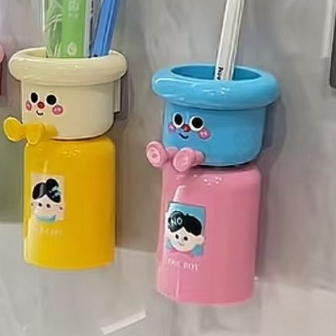 구구팔 1+1 강력양면테이프 거꾸로 물빠짐 자석 커플 가족 양치컵, 2세트, 블루&핑크+화이트&옐로우