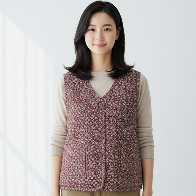 진텍스 플라워 패턴 양털 누빔 조끼 할머니 김장 방한 보온 베스트