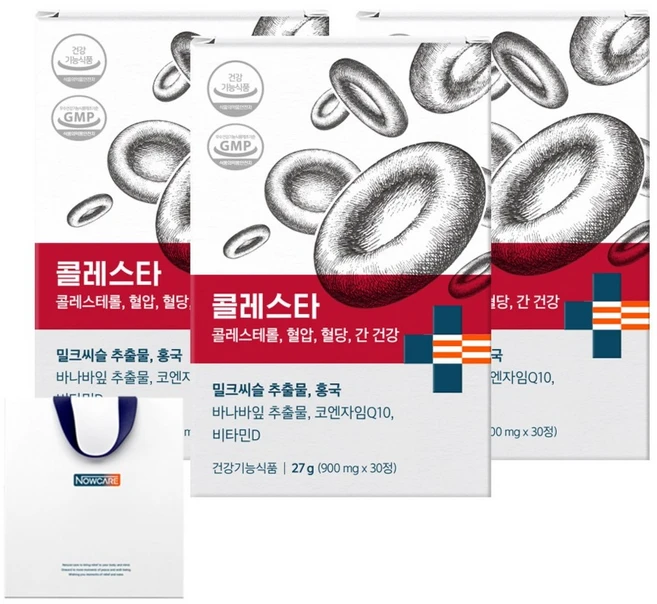 [본사] 나우케어 콜레스타 선물세트(쇼핑백 포함) 홍국 LDL콜레스테롤 혈압 간건강 밀크씨슬, 3개, 30정 - 쿠팡