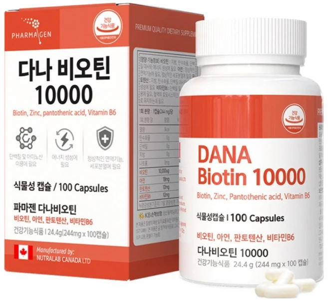 다나 비오틴 10000 244mg x 100캡슐 캐나다산 원료 아연 판토텐산 칼슘 비타민B6 맥주효모 에너지생성 도움, 1개, 100회분 - 쿠팡