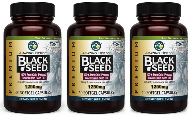 어메이징 허브 프리미엄 블랙 씨드 오일 캡슐 건강 면역 60정 1250mg (3팩), 60 Count (Pack of 3) - 쿠팡