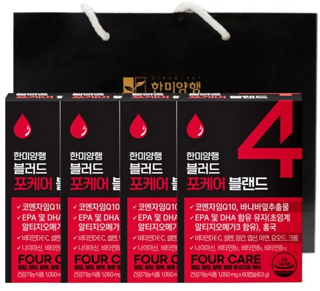 한미양행 블러드 포케어 블랜드 혈관건강 종합영양제 오메가3 바나바잎 홍국 코엔자임Q10, 4개, 60정 - 쿠팡