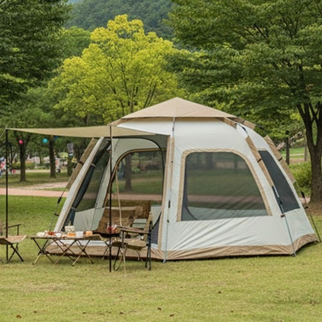 원터치 텐트 6각 대형 3-4인용 5-8인용 캠핑 자동 오토 접이식 방수 캐노피2 창문2