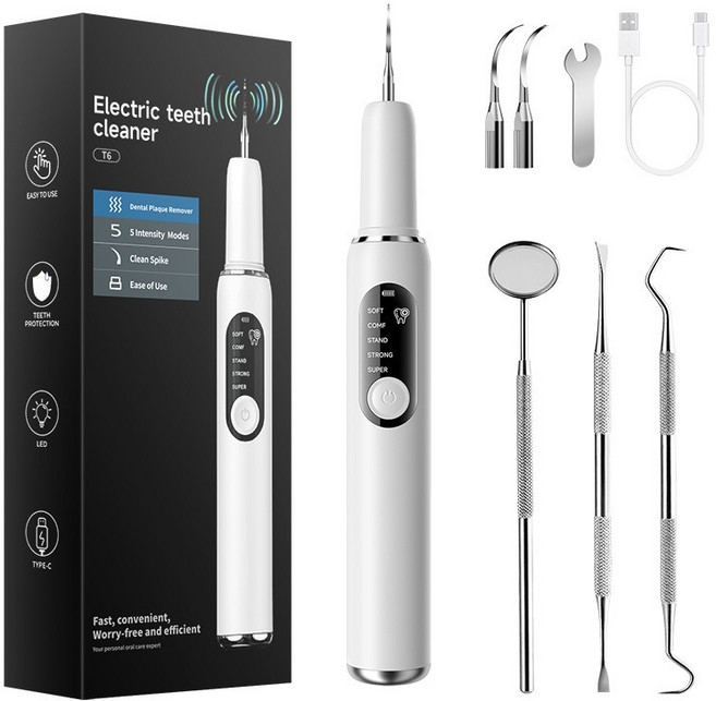 초음파 구강세정기 스케일링급 개운함 입냄새 구취 제거 셀프 구강케어, T6 금속 구강 거울 + [화이트]