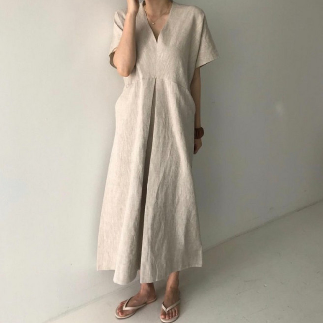 루어스룸 라첼 브이넥 여름 루즈핏 린넨 롱 원피스