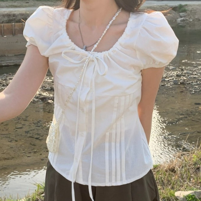 서진맘 여성 여름 러블리 스트링 라운드넥 퍼프소매 반팔 셔츠 블라우스