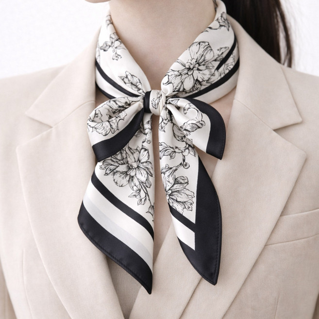 여성 70x70 플라워 배색 쁘띠 스카프 데일리 출근 코디
