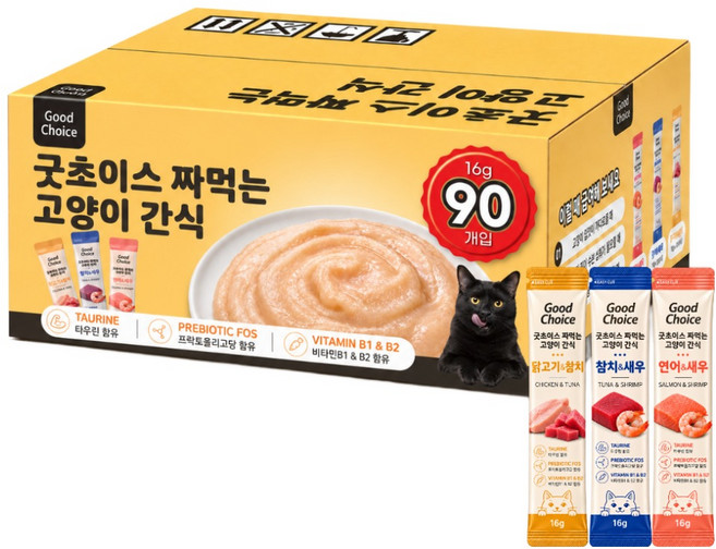 굿초이스 3가지맛 짜먹는 고양이 간식 대용량 90p, 1개, 1.44kg, 혼합맛(연어&새우/참치&새우/닭고기&참치)