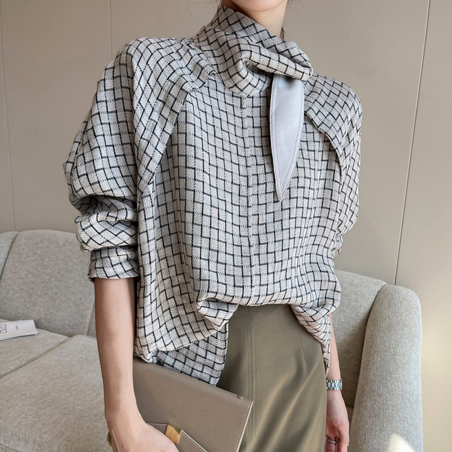 그루밍 (grooming) 여성 봄 가을 겨울 핑킨 린넨 100% 체크무늬 긴팔 캐주얼 정장 하객룩 셔츠 블라우스 남방