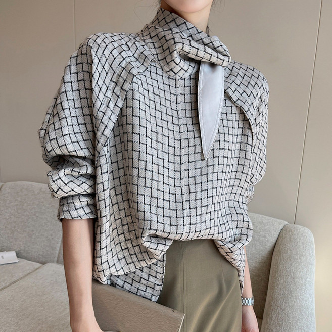 그루밍 (grooming) 여성 봄 가을 겨울 핑킨 린넨 100% 체크무늬 긴팔 캐주얼 정장 하객룩 셔츠 블라우스 남방