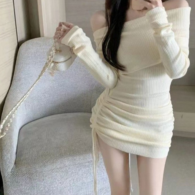 여성 오프숄더 셔링 미니 원피스 골지 섹시 슬림 글램 파티 클럽룩