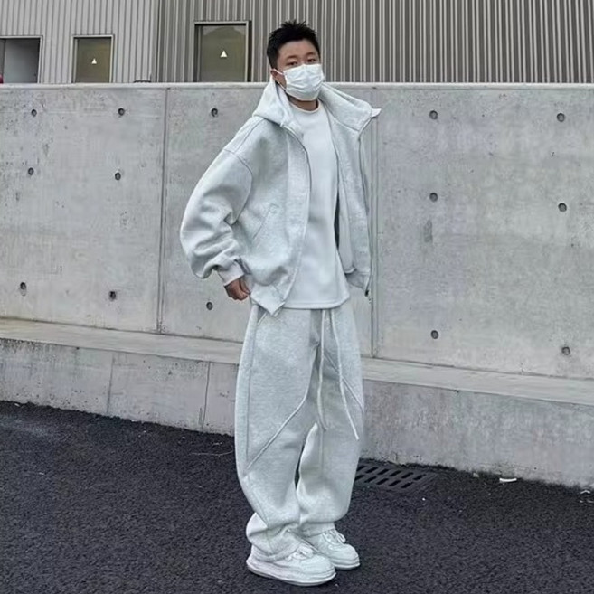 남성 봄가을 루즈한 심플 캐주얼 트레이닝 세트 후드 집업 + 와이드 팬츠 투피스