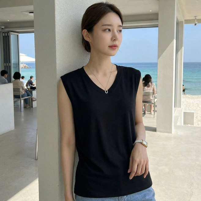 상상그이상 여성용 시원찰랑 브이넥 민소매 여름 나시 티셔츠