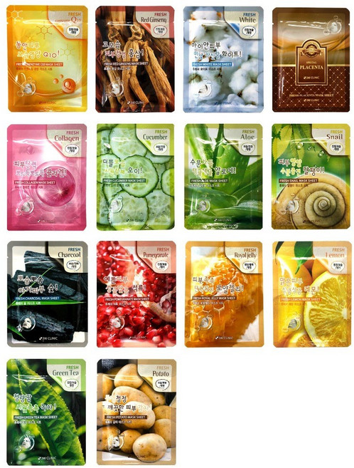 3W 클리닉 후레쉬 마스크 시트 50매 100매 10종 (감자 녹차 레몬 로얄제리 석류 숯 스네일 알로에 오이 콜라겐 태반 홍삼 화이트 Q10) 택 1 / 데일리 시트 마스크 팩, 1매입, 50개