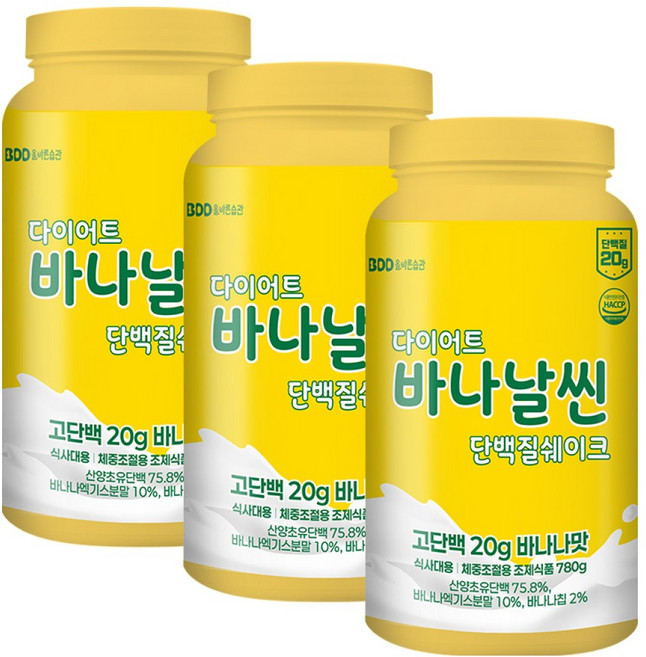 올바른습관 다이어트 단백질쉐이크 바나날씬 체중조절 식약처인증 HACCP 바나나맛 + 보틀(핸드믹서기증정), 780g, 3개