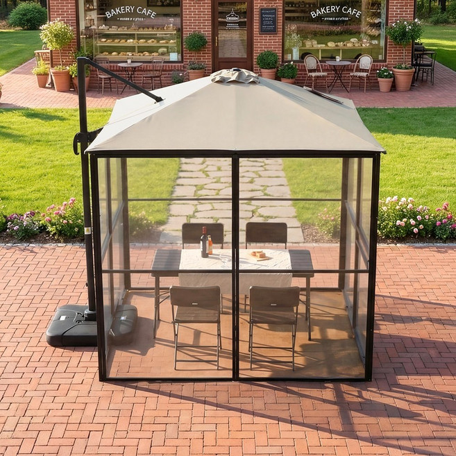 스퀘어가든 2.5M 파라솔 LED 포함 야외 투명벽 쉘터 글램핑 캠핑 그늘막 테라스 정원 옥상, 토프