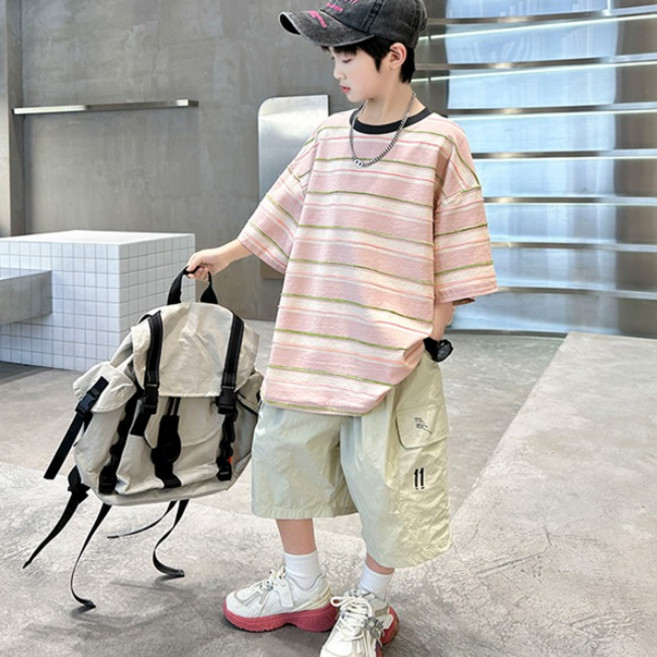 비비키드 초등생 반팔티 반바지 입체 스트라이프 패턴 상의 초중생 하의 세트 남아 여름 상의+하의 세트 (5825)