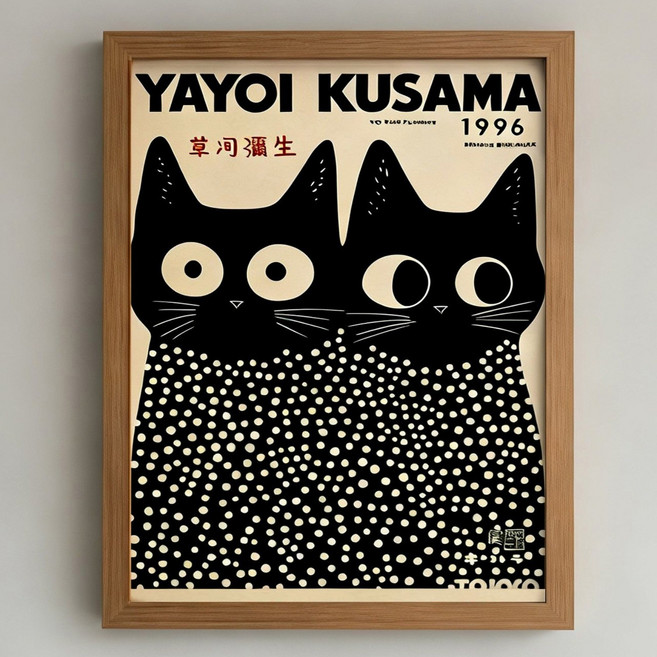 도쿄나이트 쿠사마 야요이 도트 아트 전시 포스터 액자 그림 인테리어 소품 (액자포함), 쿠사마 고양이 1996 (내추럴 우드 액자)