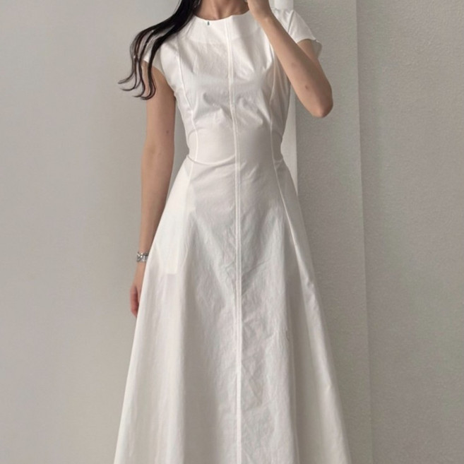 서진맘 여성 면혼방 라운드넥 스트링 심플 무지 반팔 원피스