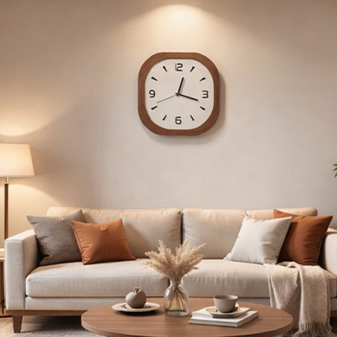안나네 모던내추럴 브라운 우드 프레임 거실 벽시계(지름 40cm), 사각 우드