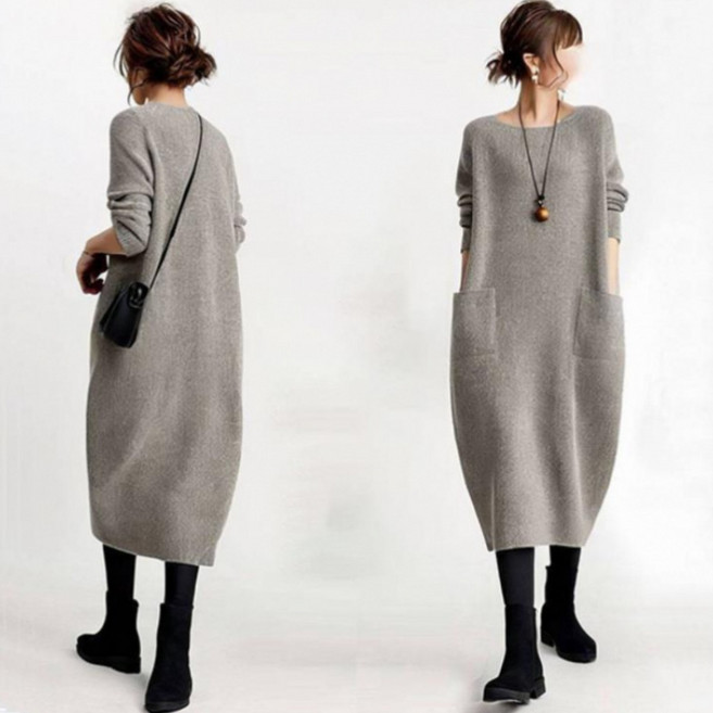 COSYEVNO 라운드 니트 원피스 루즈핏 패션 라운드 솔리드 여성 스웨터 일자 롱스커트