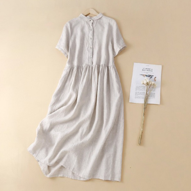 여성 시원 편안 린넨 소재 오버핏 A라인 롱 원피스 캐주얼한 디자인 봄 여름 가을 매력 반팔 스타일 활동적 일상 생활 안성맞춤 새로운 시즌스타일링
