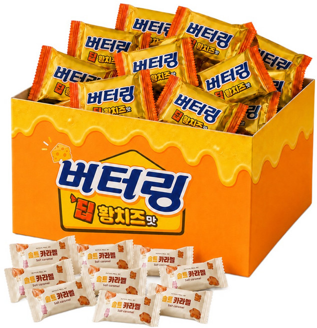 해태제과 버터링 딥황치즈 + 스낵큐 소금카라멜 개별포장 대용량 간식, 1개, 버터링(50개) +소금카라멜(10개)