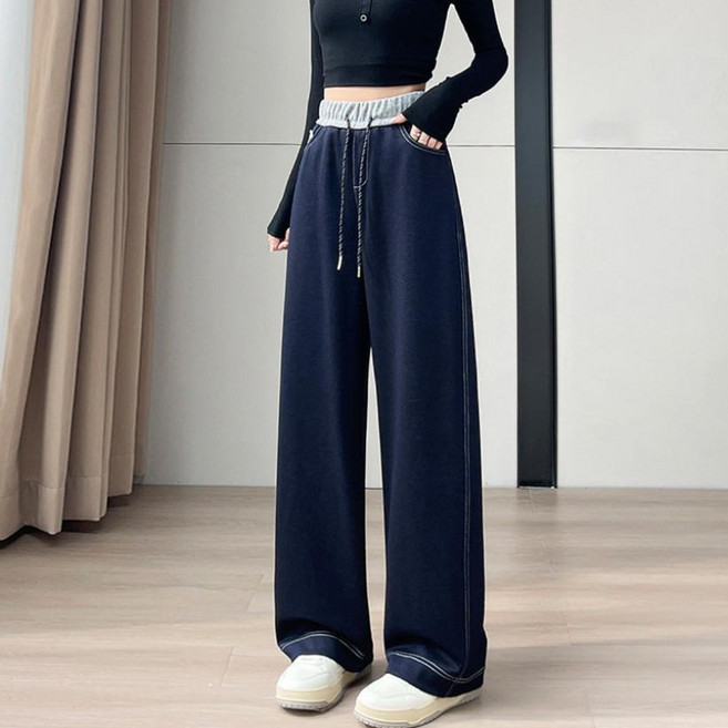 모몰라티 여성 융기모 와이드 청바지 허리밴딩 일자핏 데님 팬츠