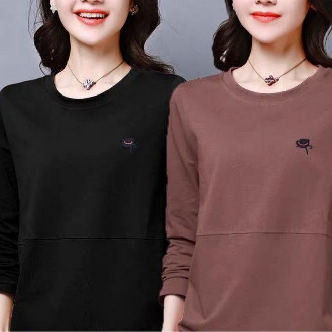1+1 중년 여성 긴팔 티셔츠 봄 가을 엄마복 루즈핏 라운드넥 긴팔티 캐주얼 데일리 이너티 여성복 빅사이즈 LJX