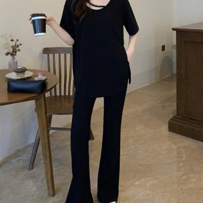 해피유통 여성 투피스세트 아이스 빅사이즈. 반팔티+와이드 플레어 바지 투피스 jhwj