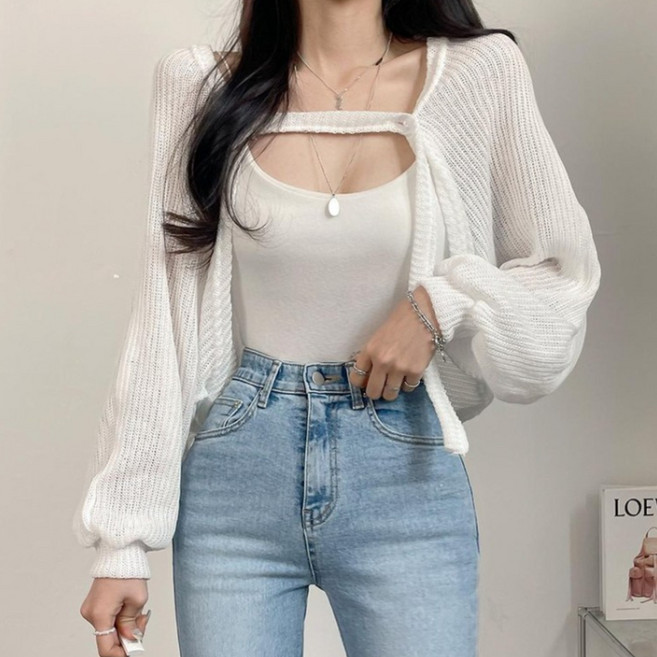 [디데이뉴] [MADE] 여름까지 쭉- 흘러내림 X 간절기 얇은 단추 끈 볼레로 니트 크롭 가디건