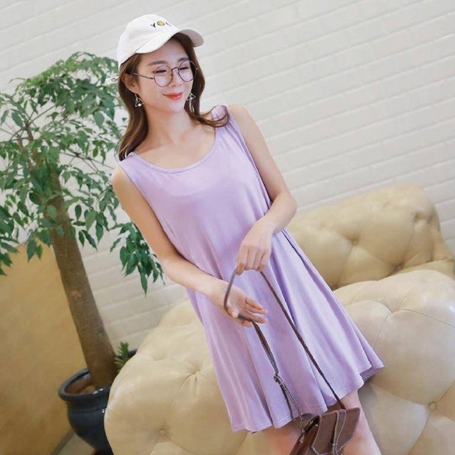 【Helena】莫代爾連身裙 無袖背心裙 孕婦裝 A字裙 中長款洋裝 寬鬆家居打底裙 睡裙