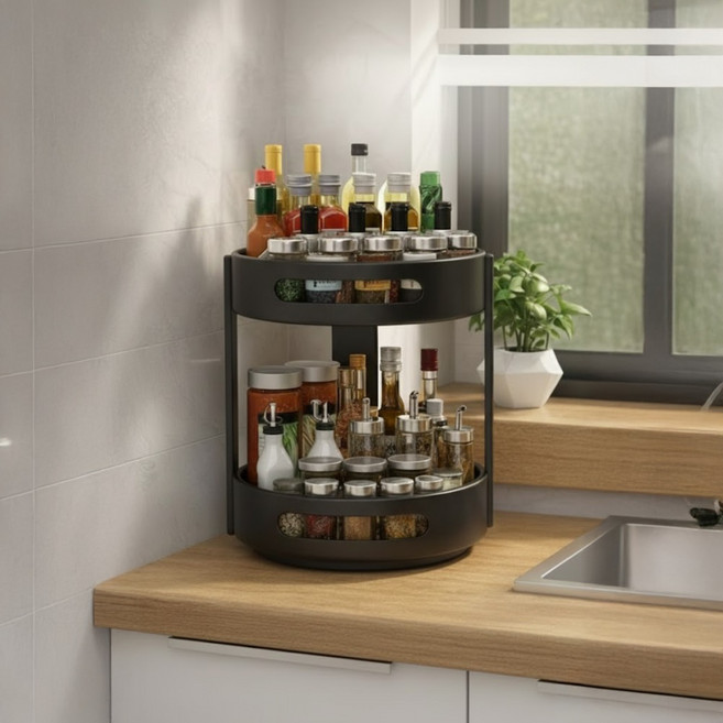 뉴에잇 주방 360도 2단 회전트레이, 1개, 블랙