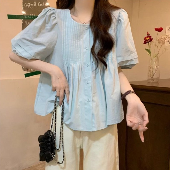 COSYEVNO 여성 반팔 블라우스 버튼 라운드넥 핀턱 디테일 루즈핏 LFHcs-3