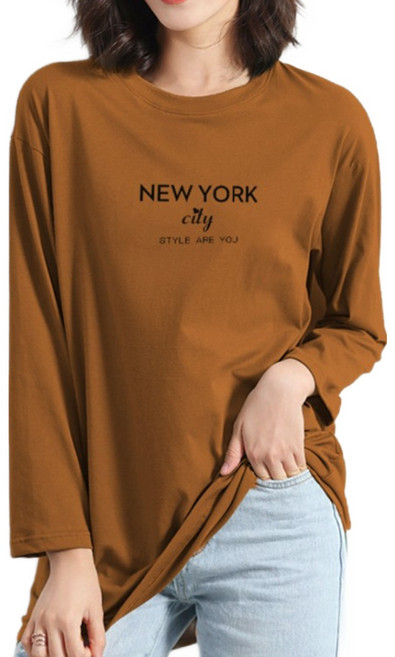 스타일아유 여성용 데일리 라운드 레터링 new york 프린트 세미 오버핏 긴팔티[AYA8TS0260]