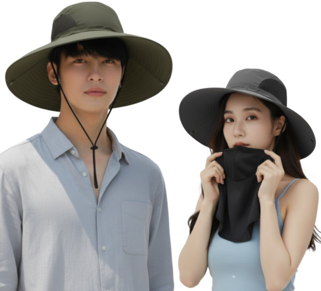 AMK 햇빛 차단 넓은창 등산 모자, 카키+그레이